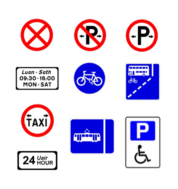 Collage of road signs indicating that parking is not permitted