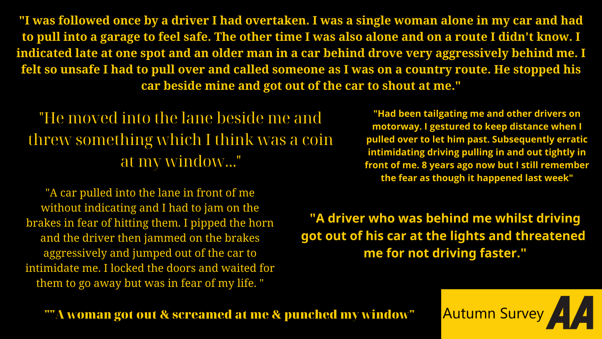 Graphic showing several comments from our survey respondents about road rage, including experiences of being followed by an angry driver, others getting out and yelling, intimating braking in front and throwing coins at cars.